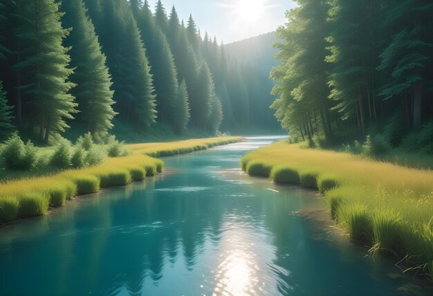 Photo a painting of a river with a river and trees in the background