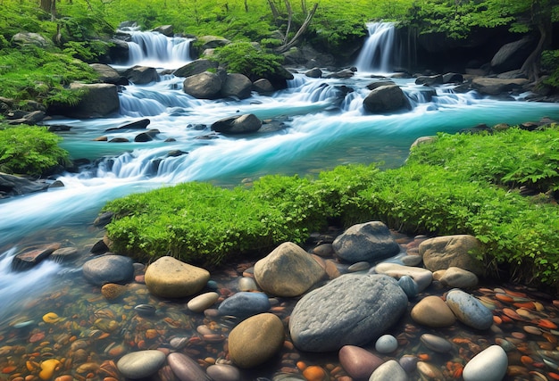 A painting of a river with rocks and a waterfall