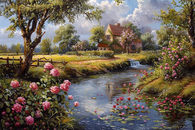 A painting of a river with roses in the foreground