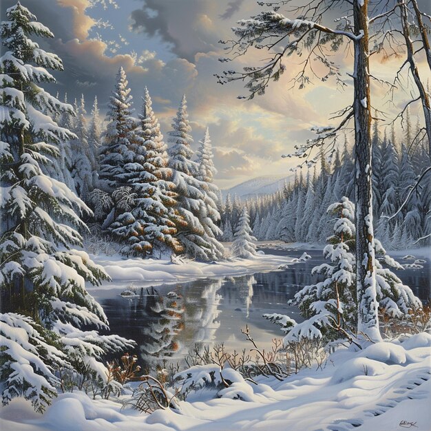 a painting of a river with snow covered trees and a river with a snowy scene in the background