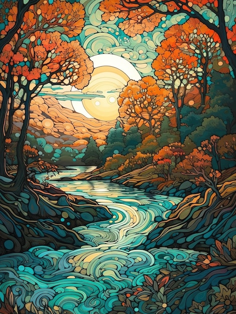 A painting of a river with a sun and moon in the background.