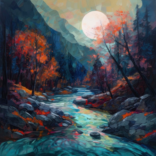 A painting of a river with a sun setting behind it.