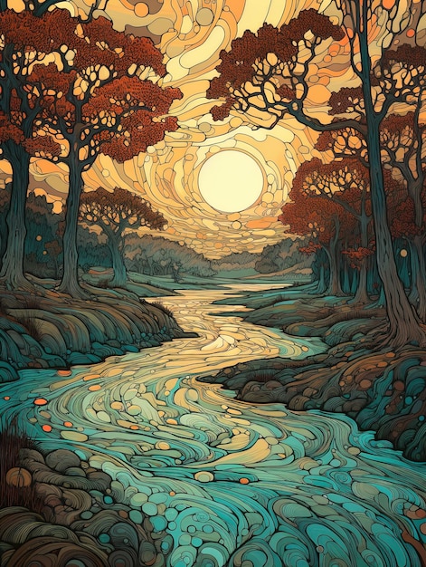 A painting of a river with a sun and trees in the background.