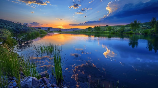 a painting of a river with a sunset in the background