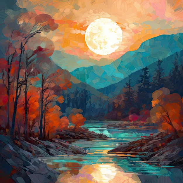 A painting of a river with a sunset in the background.