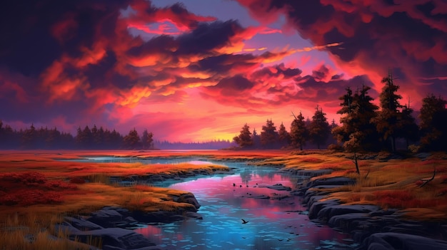 A painting of a river with a sunset in the background