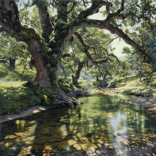 Photo a painting of a river with a tree in the foreground