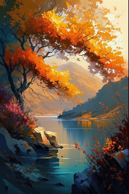 A painting of a river with a tree and the sun shining on it.