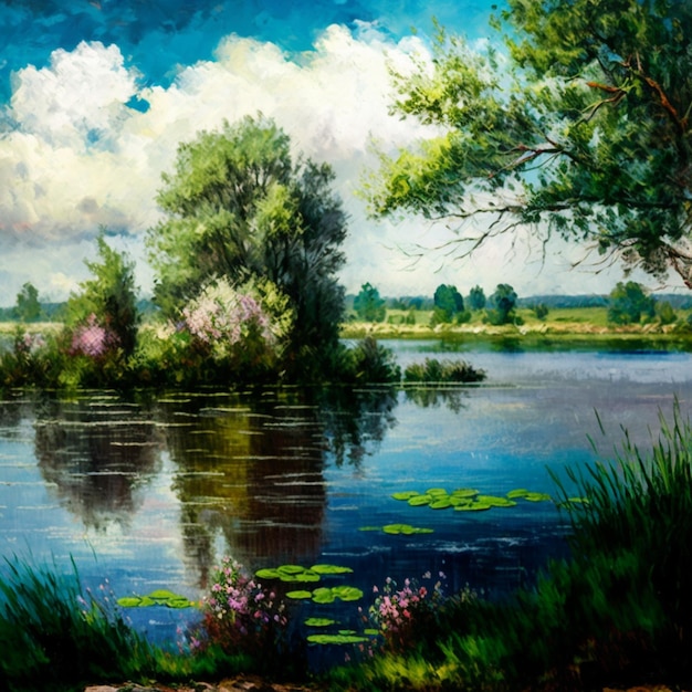 painting of a river with a tree and water lillies in the foreground generative ai