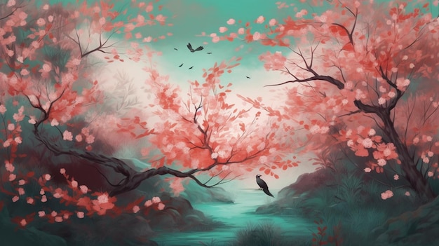 A painting of a river with a tree with pink flowers and a bird on it.