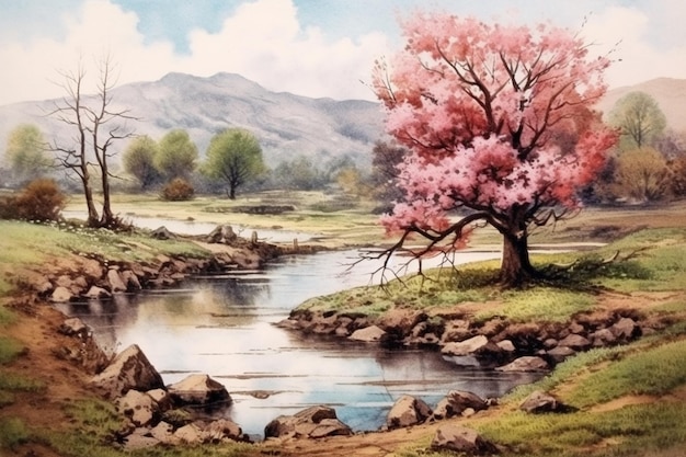 A painting of a river with a tree with pink flowers on it