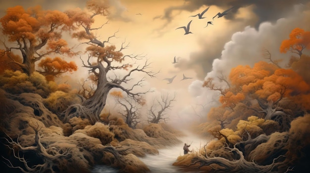 A painting of a river with trees and birds in the foreground