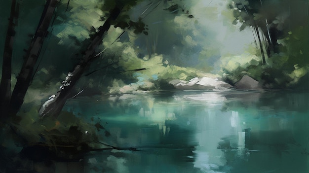 A painting of a river with trees and a blue river.