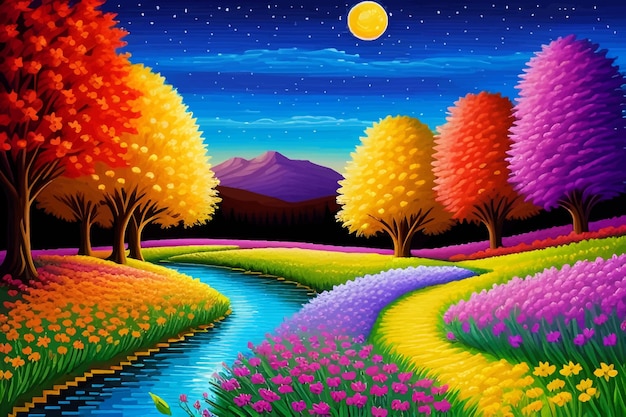 a painting of a river with trees and a river with the moon in the sky