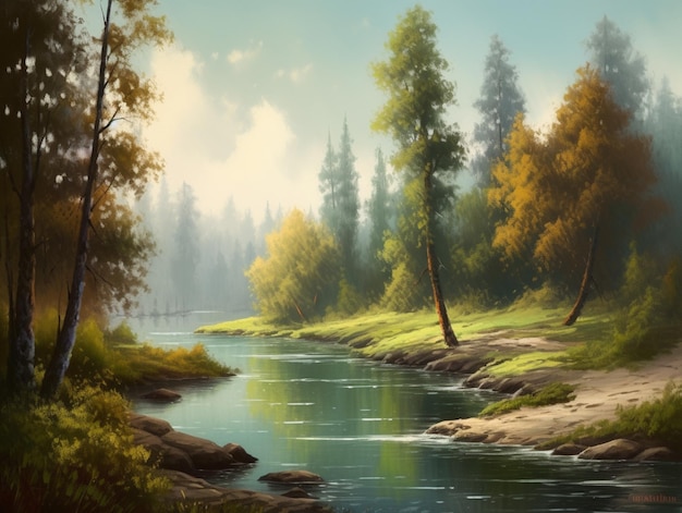 A painting of a river with trees and a sky with clouds