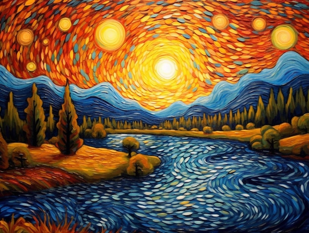 A painting of a river with trees and the sun shining on it.