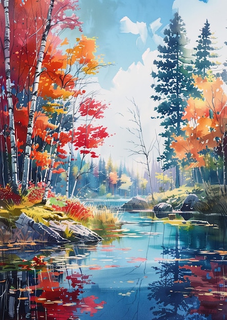 painting of a river with trees and water in the background generative ai