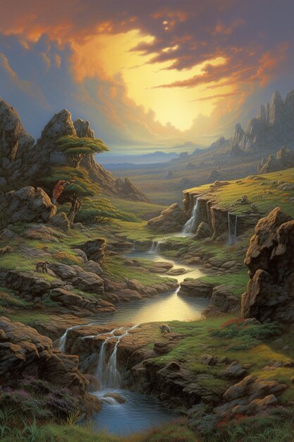 A painting of a river with a waterfall in the background.