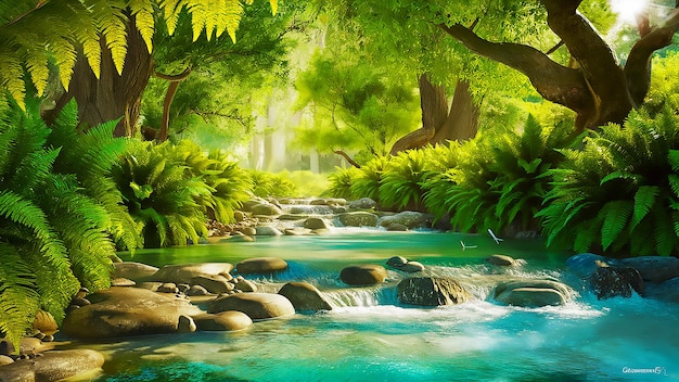 a painting of a river with a waterfall and trees