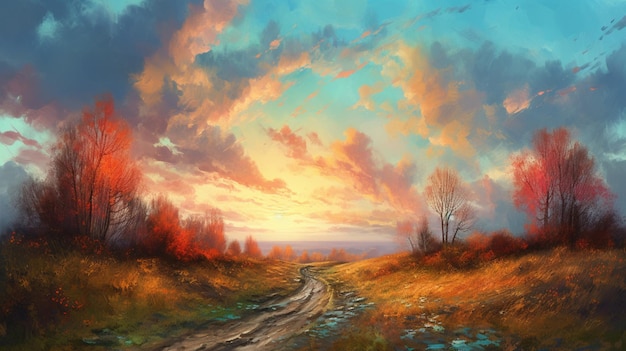 A painting of a road in the autumn