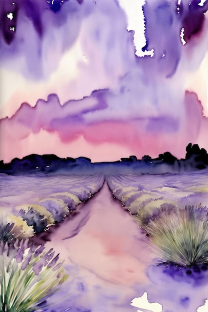 A Painting Of A Road Going Through A Field