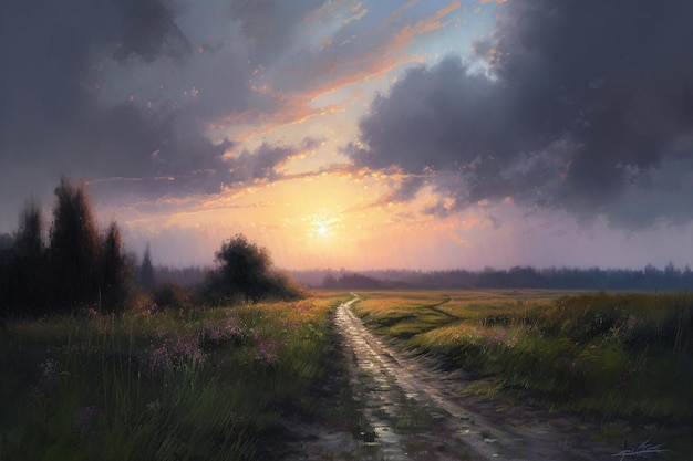 A painting of a road leading to a field with a sunset in the background.