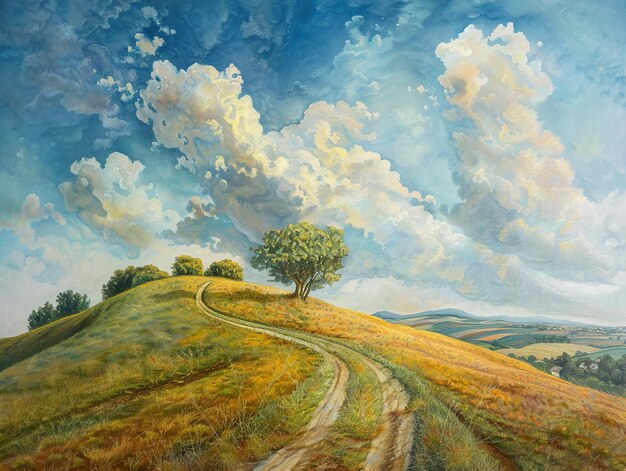 Photo a painting of a road leading to a field with trees and clouds in the background