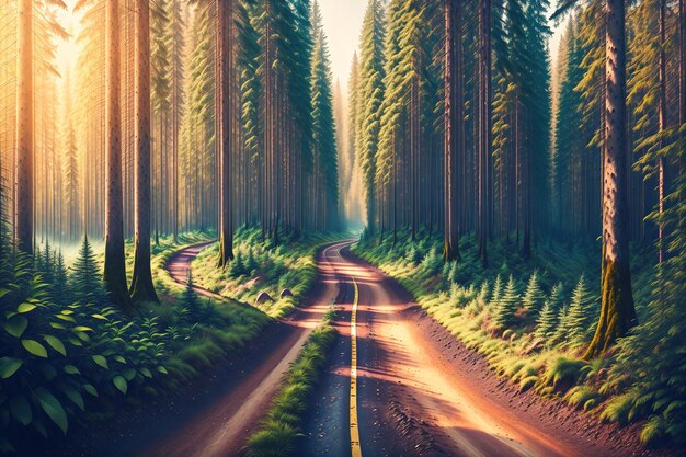 A painting of a road leading into a forest with the sun shining on it.