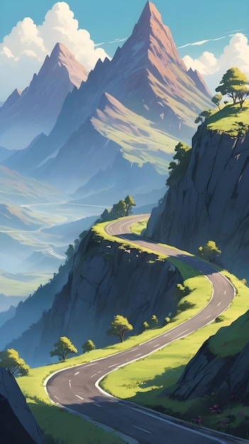 Photo a painting of a road that has a road that has a road that has a green landscape and mountains in the