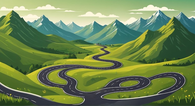 Photo a painting of a road winding through a green valley with mountains in the background