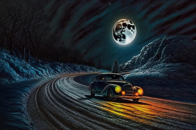 A painting of a road with a car driving on it.