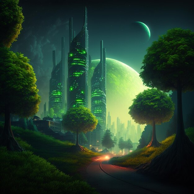 A painting of a road with a green moon in the background.