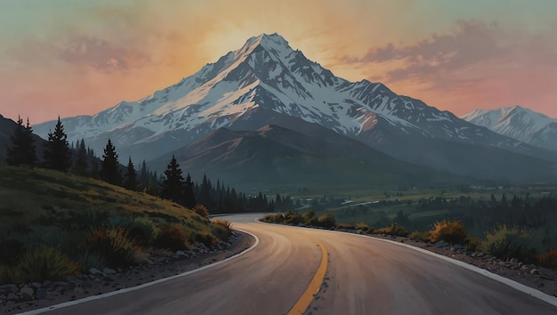 Photo a painting of a road with a mountain in the background