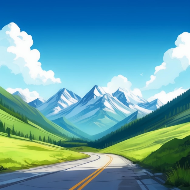 Photo a painting of a road with a mountain in the background