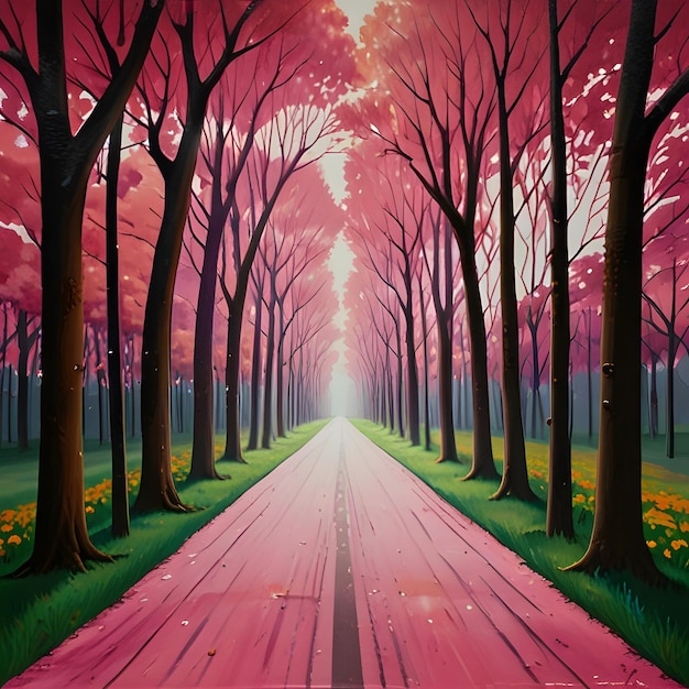 Photo a painting of a road with a pink sky and trees with the words  spring  on it