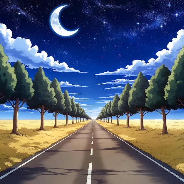 Photo a painting of a road with trees and a moon in the sky