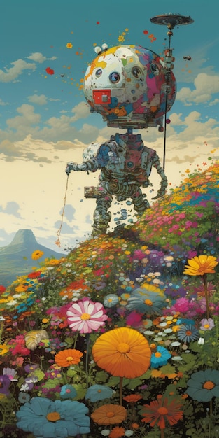 A painting of a robot carrying a large object on a hill with flowers on it.