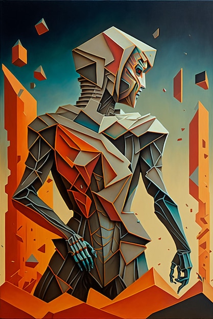 Painting of a robot standing in front of a building generative ai