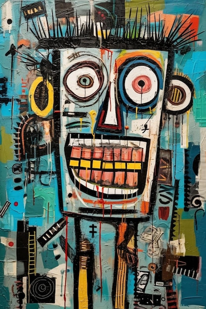 A painting of a robot with a face and a red eye.