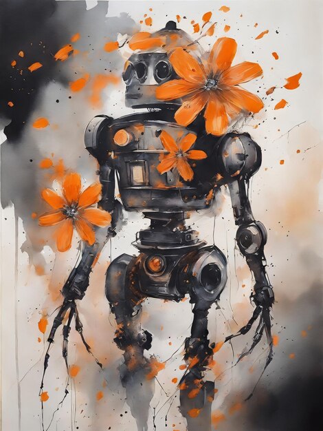 a painting of a robot with flowers and a black robot