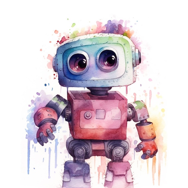 A painting of a robot with a pink face and eyes.