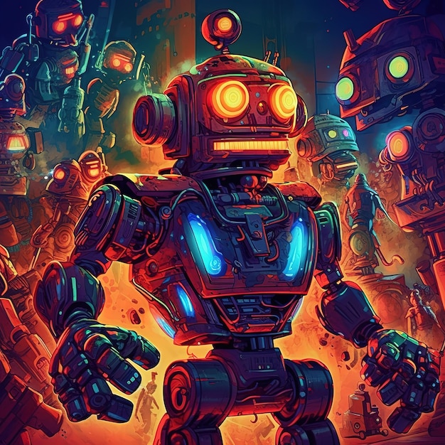 A painting of a robot with the word robot on it