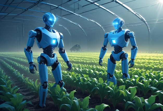 a painting of robots in a room with a bunch of plants