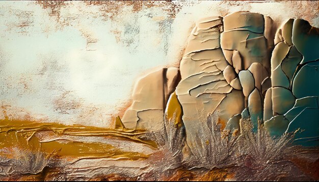 A painting of a rock formation with the word rock on it.