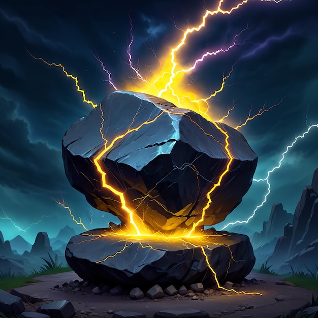 a painting of a rock with lightning bolts and a heart shaped rock