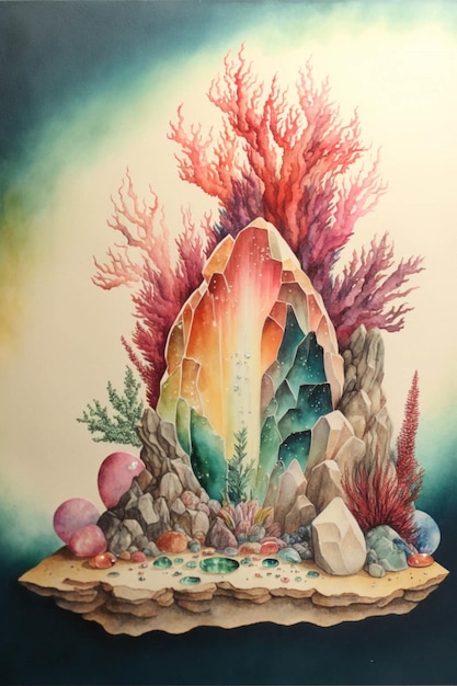 A painting of a rock with a rainbow on it