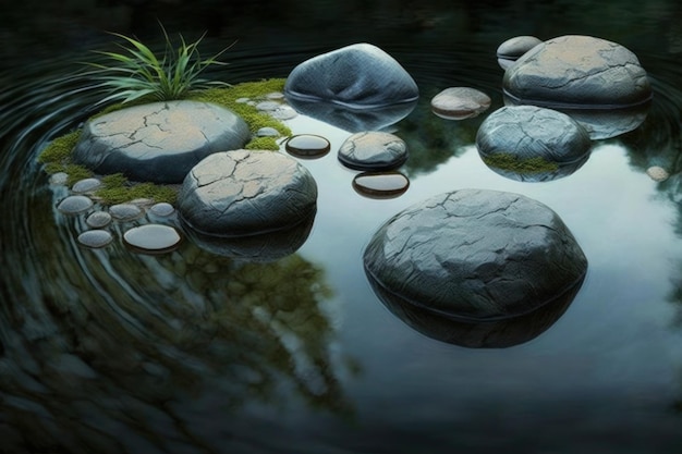 A painting of rocks in a pond with a grass on the bottom.