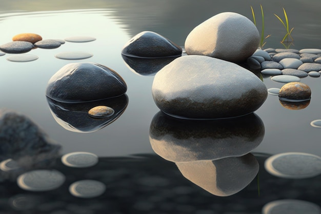 A painting of rocks in the water with the sun shining on them.