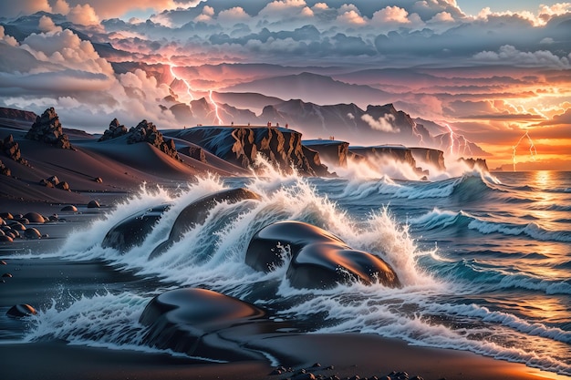 A painting of a rocky beach with waves crashing against it.