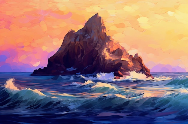 A painting of a rocky island with waves crashing against it.